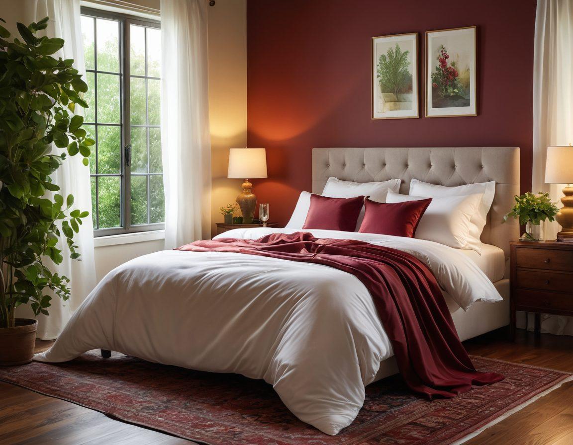 A serene bedroom scene with soft, warm lighting, featuring an inviting bed adorned with silky sheets. A glass of red wine sits on a nightstand beside a flickering candle, while sensual artwork graces the walls. Lush greenery peeks through an open window, symbolizing connection and comfort. Emphasize the ambiance of intimacy and joy. super-realistic. vibrant colors. soft focus.