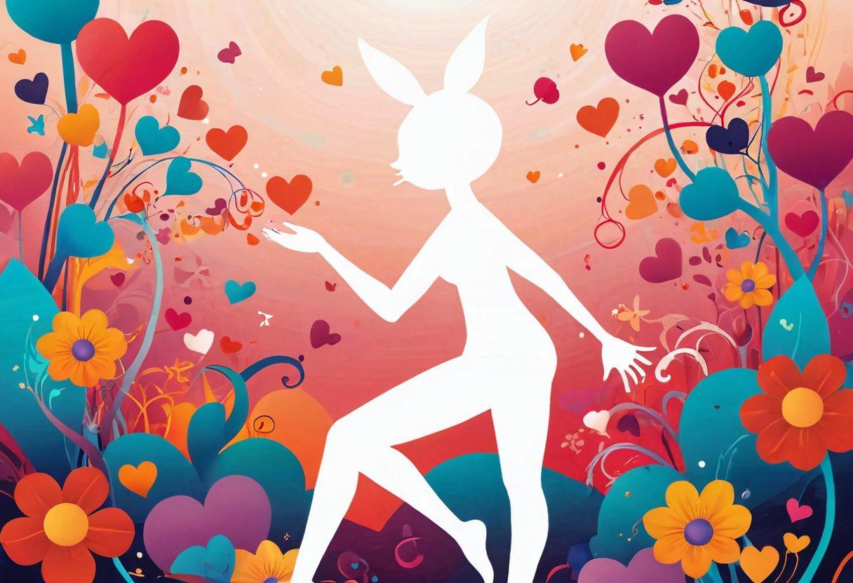 A whimsical transformation scene depicting a cheeky character evolving into a more refined version of themselves, surrounded by playful symbols of explicit pleasure like flowers, hearts, and playful shadows. The background should feature a gradient of warm, inviting colors that suggest a journey from mischief to elegance. Add soft, flowing lines to evoke a sense of movement and change. cartoonish style. vibrant colors. white background.