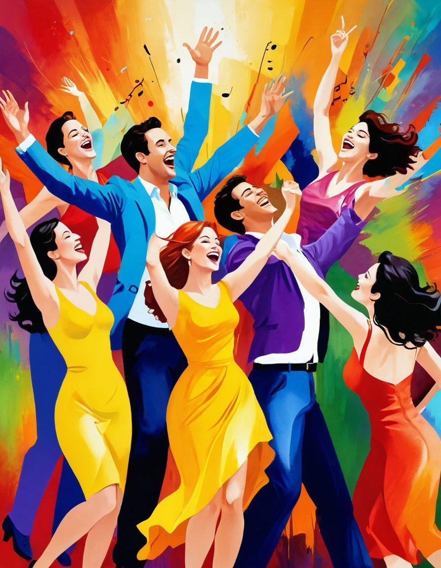 A lively and colorful scene depicting a diverse group of adults engaged in joyful activities that celebrate pleasure and ecstasy. Incorporate elements such as music, laughter, and sensuality in a sophisticated, artistic setting. The background should feature whimsical art that conveys a sense of warmth and acceptance. Bright and engaging colors to evoke happiness and excitement. vibrant colors. painterly style.